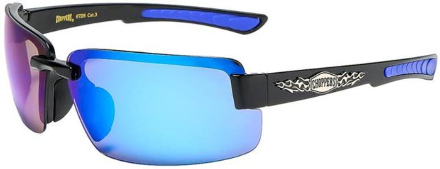 Biker Semi-Rimless Choppers Sports Sunglasses for Men Choppers 8cp6726-6 Gloss Black Blue Mirror Lens