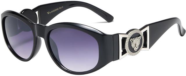 Women's Wrap Around Sunglasses Black Oval Frame With Medallion Cheetah accents Black Silver Smoke Pink Gradient Lens VG 8vg29339-1