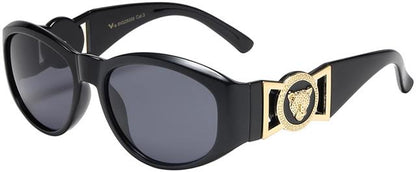 Women's Wrap Around Sunglasses Black Oval Frame With Medallion Cheetah accents Black Gold Smoke Lens VG 8vg29339-2