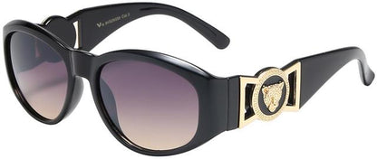 Women's Wrap Around Sunglasses Black Oval Frame With Medallion Cheetah accents Black Gold Warm Smoke Gradient Lens VG 8vg29339-3
