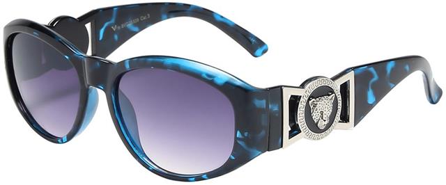 Women's Wrap Around Sunglasses Black Oval Frame With Medallion Cheetah accents Blue Silver Smoke Pink Gradient Lens VG 8vg29339-5