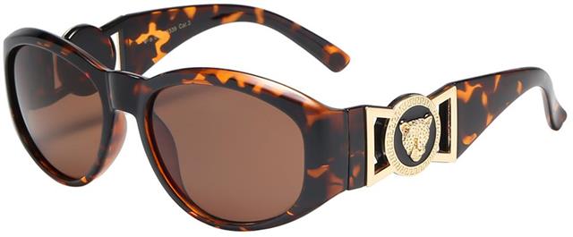 Women's Wrap Around Sunglasses Black Oval Frame With Medallion Cheetah accents Tortoise Brown Gold Brown Lens VG 8vg29339-6