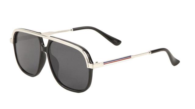 Flat Top Accented Browline Retro Pilot Sunglasses Unbranded AV-5433-aviator-sunglasses-05 Black Silver Light Smoke Lens