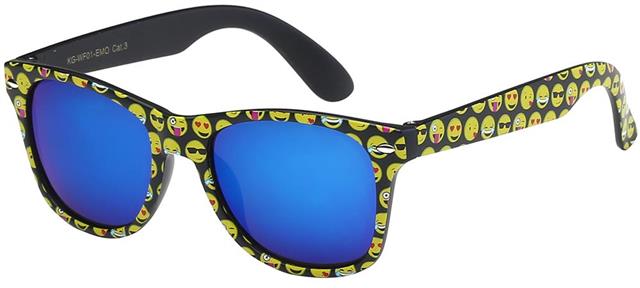 Emoji Boy's and Girl's Mirror Lens Classic Sunglasses for Kid's Black Emoji/Blue Mirror Lens Retro Optix KGWF01EMO3