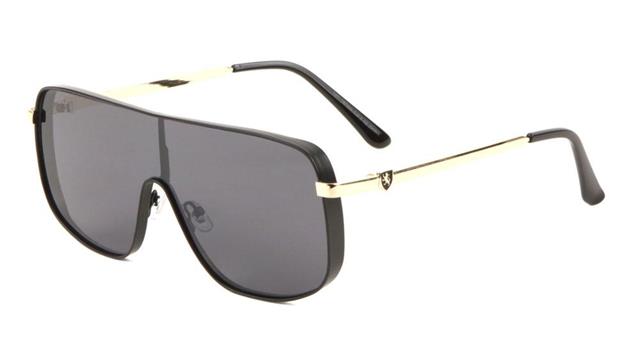 XL Oversized Mend Shield Visor Sunglasses for Men Khan KN-M21028-khan-metal-sunglasses-05 Black Metal Gold Smoke Lens