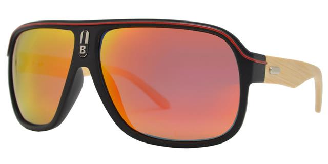 Polarized Retro Pilot Flat Top Bamboo Sunglasses for Men's or Women's Unbranded PL7981d Black Red Stripe Wood Orange Lens