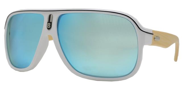 Polarized Retro Pilot Flat Top Bamboo Sunglasses for Men's or Women's White Black Stripe Wood Blue Mirror Lens Unbranded PL7981g