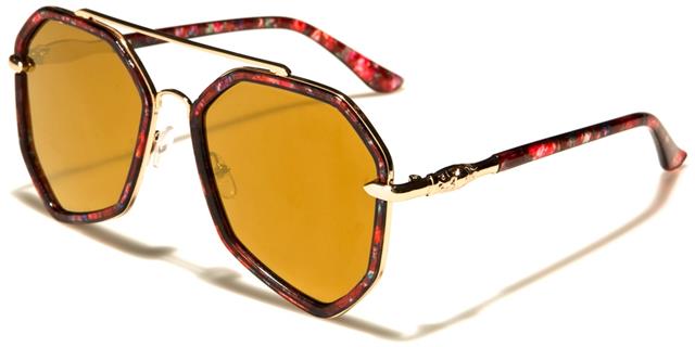 Flat Mirrored Lens Flowered Geometrical Sunglasses Gold Red Flower Print Brown Mirror Lens Sunglasses LUXE av-1510-ft-cmb