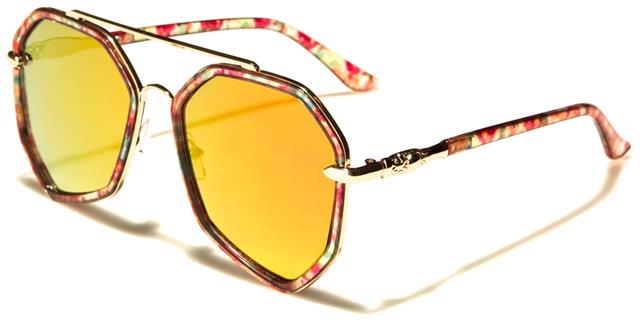 Flat Mirrored Lens Flowered Geometrical Sunglasses Gold Pink & Green Flower Orange & Red Mirror Sunglasses LUXE av-1510-ft-cmc