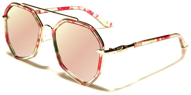 Flat Mirrored Lens Flowered Geometrical Sunglasses Gold Pink & Green Flower Pink Mirror Lens Sunglasses LUXE av-1510-ft-cmd