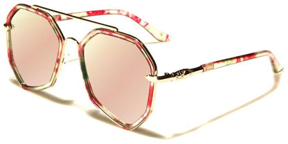 Flat Mirrored Lens Flowered Geometrical Sunglasses Gold Pink & Green Flower Pink Mirror Lens Sunglasses LUXE av-1510-ft-cmd