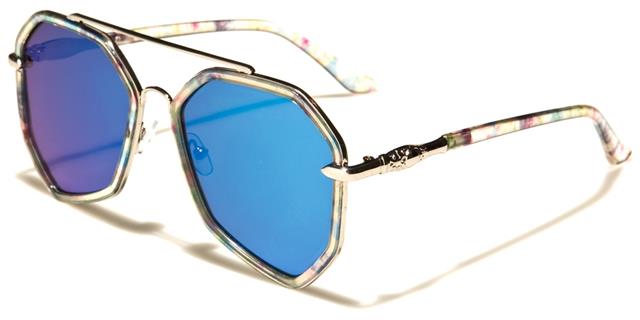 Flat Mirrored Lens Flowered Geometrical Sunglasses Silver Clear Purple & Green Flower Blue Mirror Len Sunglasses LUXE av-1510-ft-cme