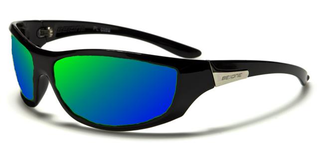 Unisex Polarized Wrap Around Sports Mirror Sunglasses BeOne b1pl-jackj Gloss Black Blue & Green Mirror Lens