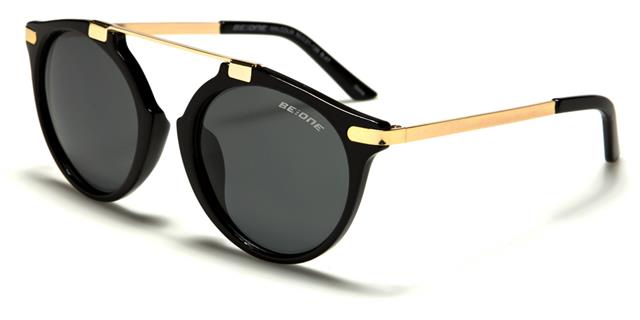 Unisex Mirrored Round Polarised Sunglasses with Brow Bar Gloss Black Gold Smoke Lens BeOne b1pl-malcolma