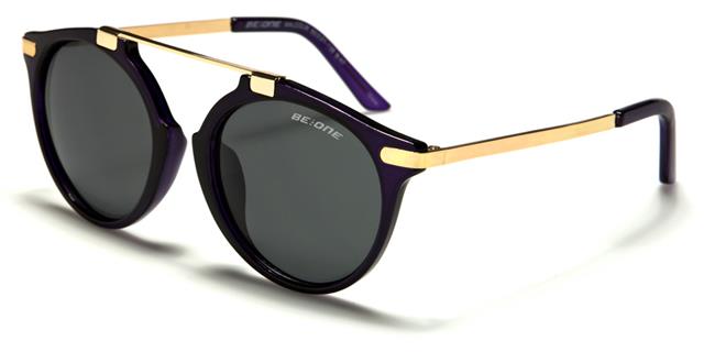 Unisex Mirrored Round Polarised Sunglasses with Brow Bar Purple Gold Smoke Lens BeOne b1pl-malcolmb