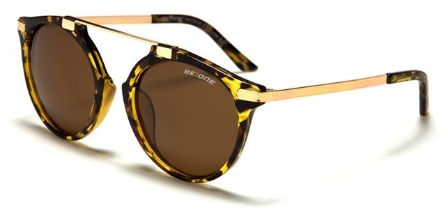 Unisex Mirrored Round Polarised Sunglasses with Brow Bar Tortoise Brown/Gold/Brown Lens BeOne b1pl-malcolmc