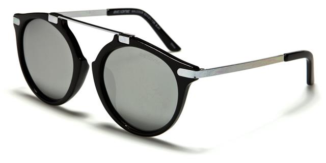 Unisex Mirrored Round Polarised Sunglasses with Brow Bar Gloss Black Silver Silver Mirror Lens BeOne b1pl-malcolmd