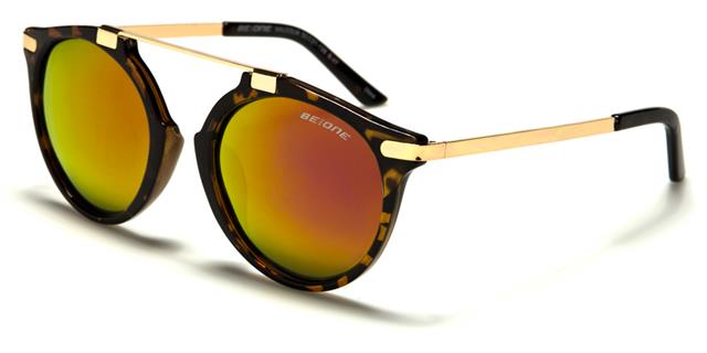 Unisex Mirrored Round Polarised Sunglasses with Brow Bar Tortoise Brown Gold Orange Mirror Lens BeOne b1pl-malcolme