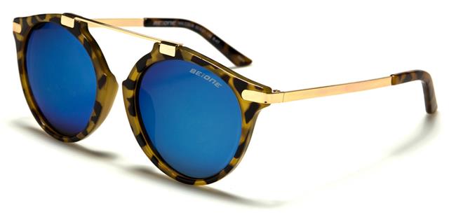 Unisex Mirrored Round Polarised Sunglasses with Brow Bar Tortoise Brown Gold Blue Mirror Lens BeOne b1pl-malcolmf