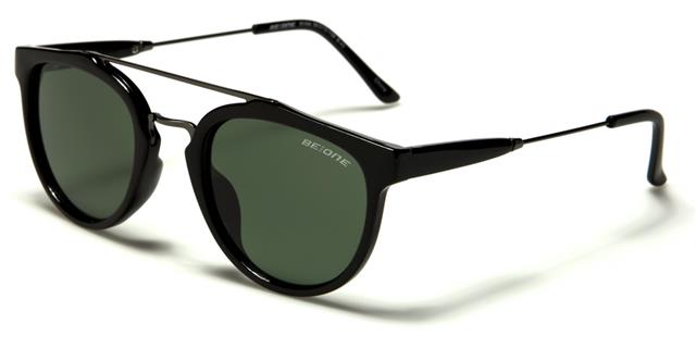 Black Polarized Round Mirror Sunglasses Unisex Gloss Black Gunmetal Smoke Green Lens BeOne b1pl-ryanb