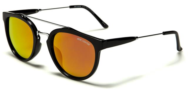 Black Polarized Round Mirror Sunglasses Unisex Gloss Black Silver Red & Orange Mirror Lens BeOne b1pl-ryane