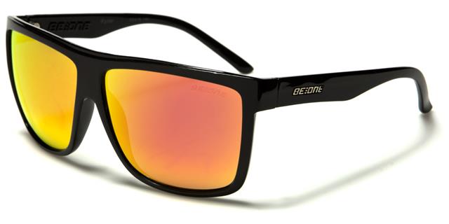 Designer Oversized Polarized Flat Top Sunglasses Gloss Black Red & Orange Mirror Lens BeOne b1pl-rydere