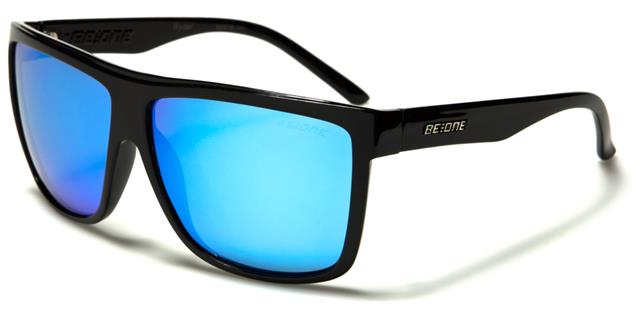 Designer Oversized Polarized Flat Top Sunglasses Gloss Black Blue Mirror Lens BeOne b1pl-ryderg