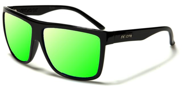 Designer Oversized Polarized Flat Top Sunglasses Gloss Black Green Mirror Lens BeOne b1pl-ryderh