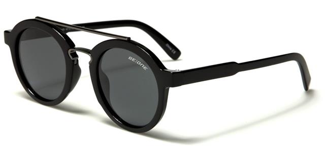 Steampunk Polarised Round Retro Sunglasses Gloss Black/Gunmetal/Smoke Lens BeOne b1pl-setha
