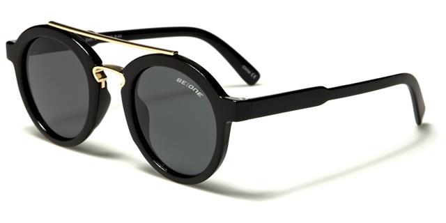 Steampunk Polarised Round Retro Sunglasses Gloss Black/Gold/Smoke Lens BeOne b1pl-sethb