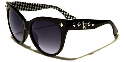Gothic Skull Logo Sunglasses Large Retro Cat Eye Shades for Women Black Black & White Print Silver Smoke Lens Black Society bsc5203e