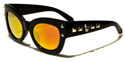 Retro Cat Eye Skull Accents Sunglasses for Women Black Silver Yellow & Red Mirror Lens Black Society bsc5210d