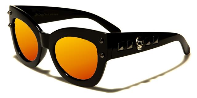 Retro Cat Eye Skull Accents Sunglasses for Women Black Gunmetal Orange Mirror Lens Black Society bsc5210g