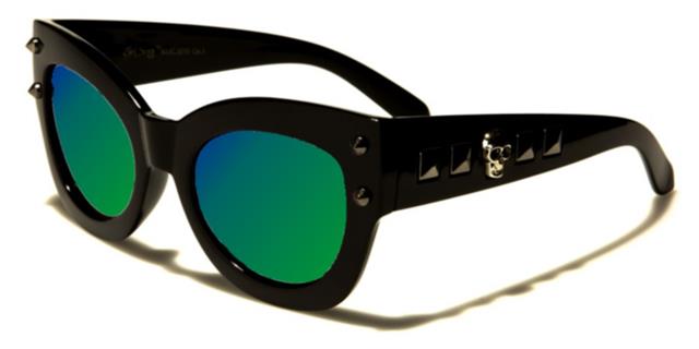 Retro Cat Eye Skull Accents Sunglasses for Women Black Gunmetal Green & Blue Mirror Lens Black Society bsc5210h