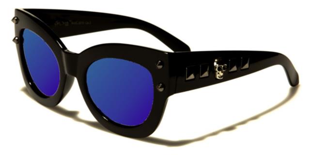 Retro Cat Eye Skull Accents Sunglasses for Women Black Gunmetal Blue Mirror Lens Black Society bsc5210i