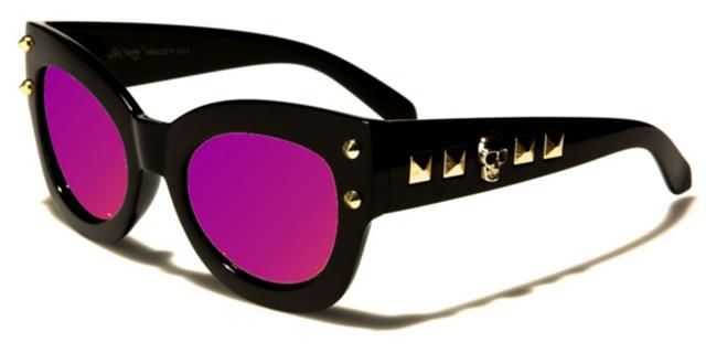 Retro Cat Eye Skull Accents Sunglasses for Women Black Gold Purple Mirror Lens Black Society bsc5210j