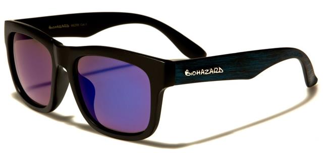 Biohazard Wooden Look Retro 80's Sunglasses Black Blue Faux Wooden Arm Blue Mirror Lens Biohazard bz66206h