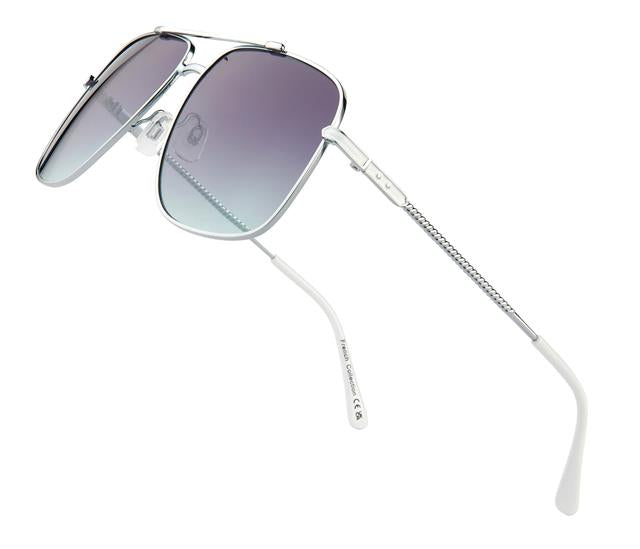 Womens Big Pilot Sunglasses Large Retro Metal Rectangle Frame for Ladies UV400 Silver & White/Smoke & Green Gradient Lens Unbranded fc6544-3_198c9483-d985-4001-8d59-18ef60d64e03