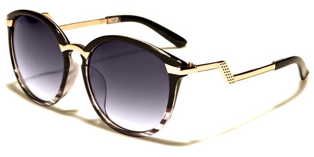 Women's Round Cat Eye Sunglasses With Wavvy Arm Black & Grey Gold Smoke Gradient Lens Giselle gsl28037b