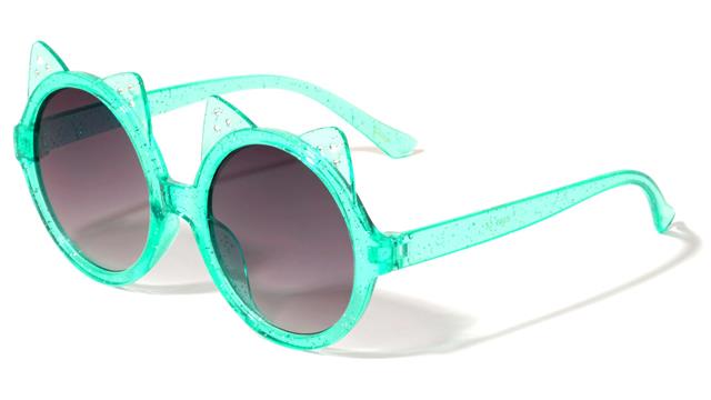 Girl's Glitter Round Cute Ear Sunglasses for Kid's Unbranded k865-kids-round-glitter-cat-ears-sunglasses-04 Crystal Turquoise Smoke Gradient Lens