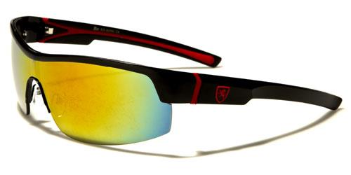 Men's Sports Wrap around Khan Sunglasses Great for Golf Khan kn3961d Black Red Logo Mirror Lens