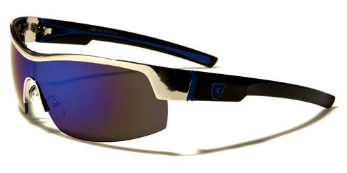 Men's Sports Wrap around Khan Sunglasses Great for Golf Khan kn3961f Silver Black Blue Logo Blue Mirror