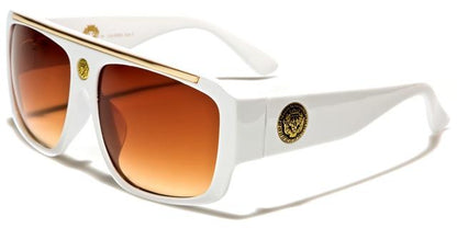 Womens Kleo Flat Top Pilot Sunglasses with gold brow bar and lion Logo White Gold Brown Gradient Lens KLEO lh5350e