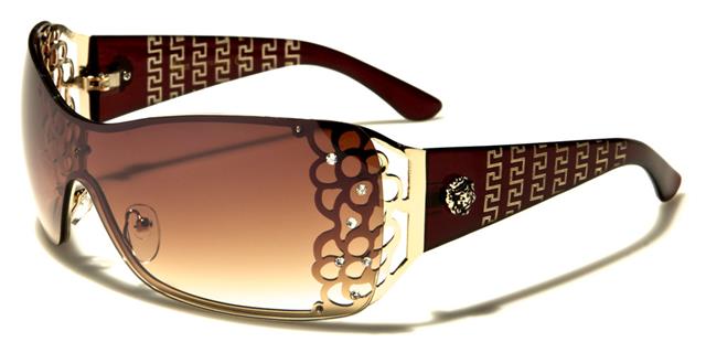 Diamante Large Semi Rimless Retro Wrap Around Sunglasses for women Brown Gold Brown Lens Kleo lh7043rhf