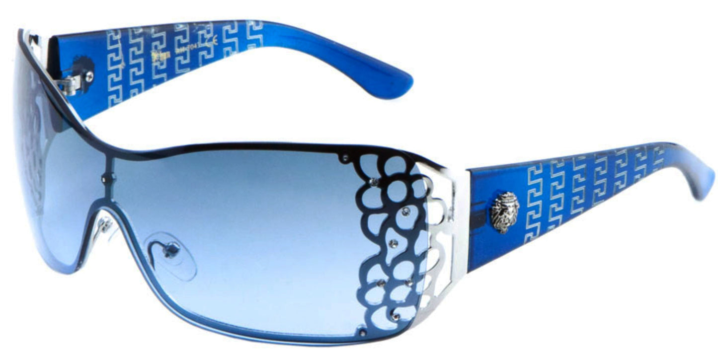 Diamante Large Semi Rimless Retro Wrap Around Sunglasses for women Blue Silver Blue Lens Kleo lh7043rhg