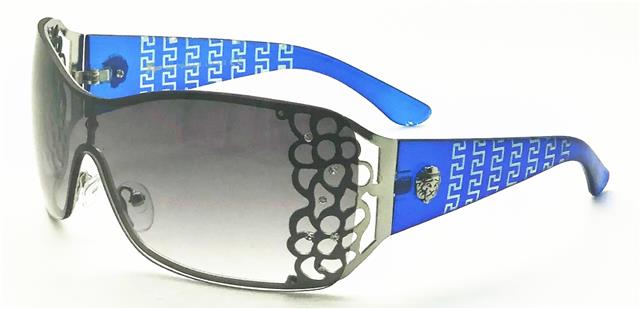 Diamante Large Semi Rimless Retro Wrap Around Sunglasses for women Blue Silver Smoke Lens Kleo lh7043rhm