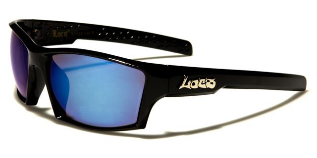 Designer Locs Black Mirrored wrap Around Sports Sunglasses for Men Gloss Black Blue Mirror Lens Locs Shades loc91034-blma