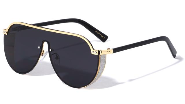 Women's Thick Glitter Rim Pilot Sunglasses Gold/Black/Silver Glitter/Black Lens Unbranded m10773-metal-flat-shield-sunglasses-02