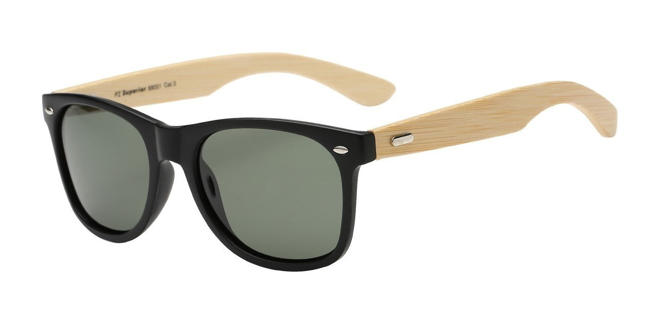 Men's Women's Polarized Wooden Bamboo Temple Driving Sunglasses Matt Black Natural Wood Green Lens Superior polarized-wayfarer-sunglasses-pz-sup89001_2