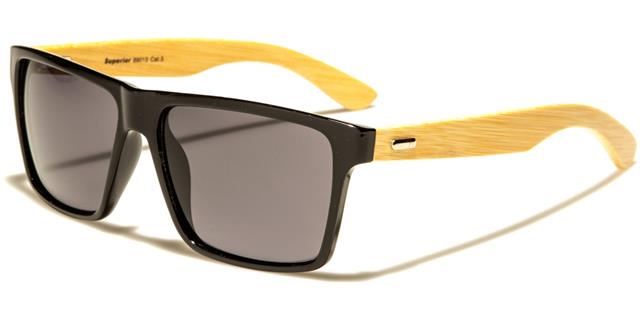 Men's Women's Wooden Bamboo Classic Retro Mirrored Sunglasses Gloss Black/Wooden Arm/Smoke Lens Superior sup89013a